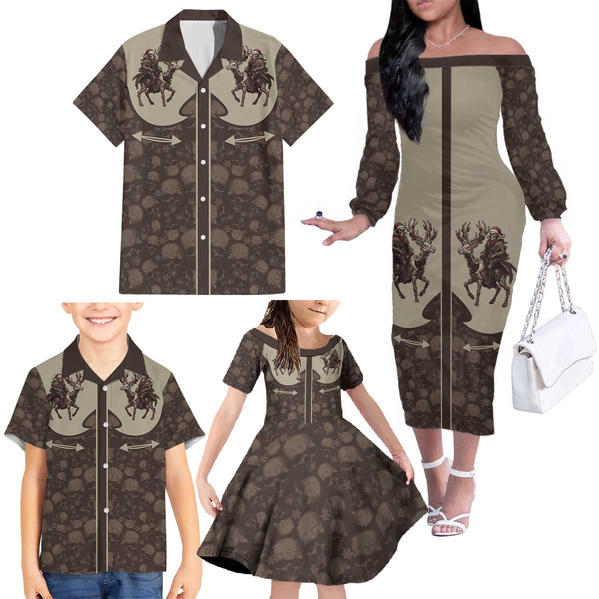Western Yoke Family Matching Off The Shoulder Long Sleeve Dress and Hawaiian Shirt Skeleton Cowboy Santa On A Reindeer - Wonder Print Shop