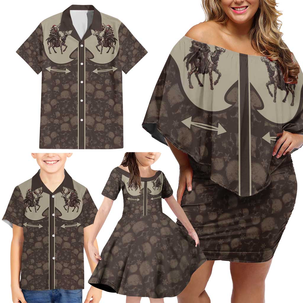 Western Yoke Family Matching Off Shoulder Short Dress and Hawaiian Shirt Skeleton Cowboy Santa On A Reindeer - Wonder Print Shop
