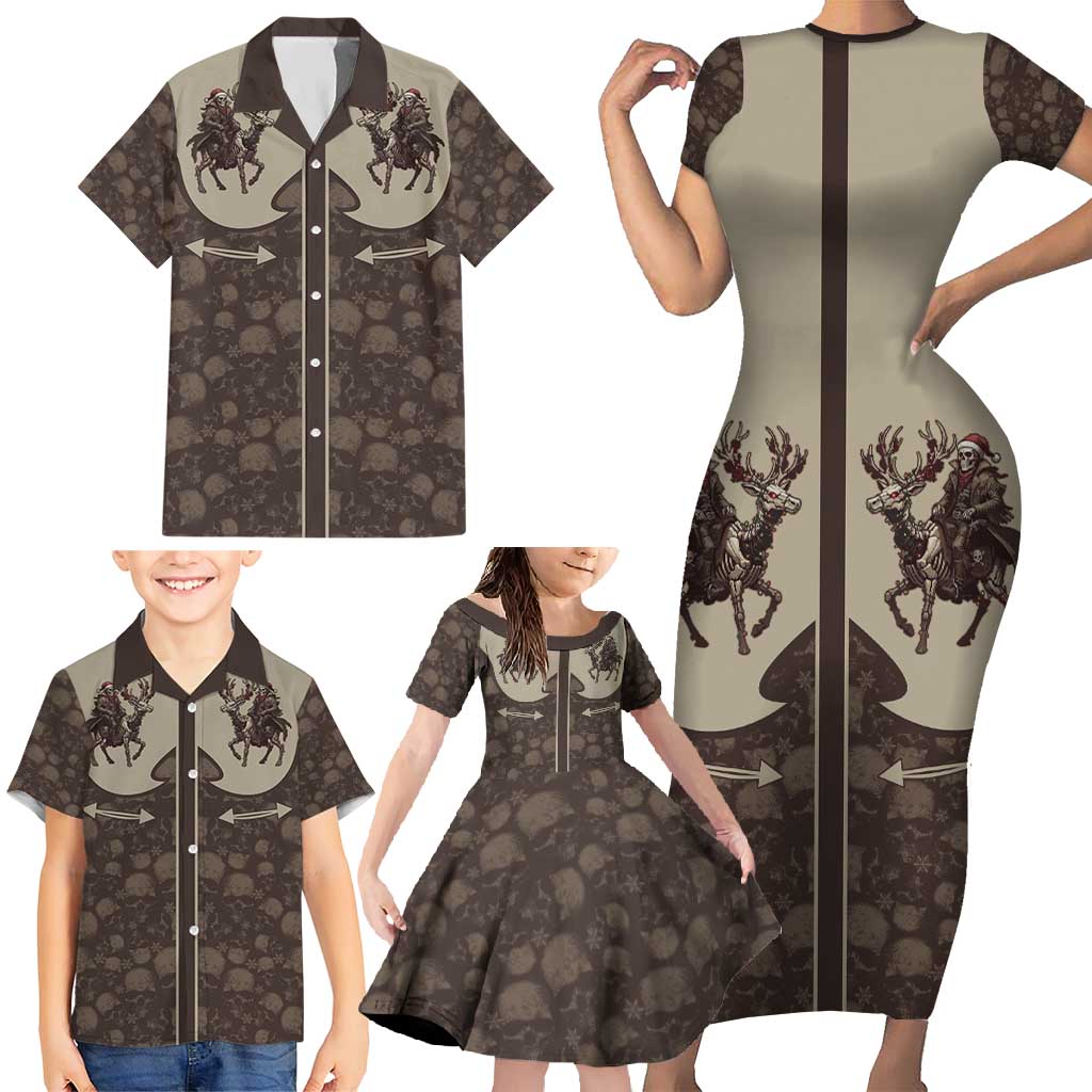 Western Yoke Family Matching Short Sleeve Bodycon Dress and Hawaiian Shirt Skeleton Cowboy Santa On A Reindeer - Wonder Print Shop