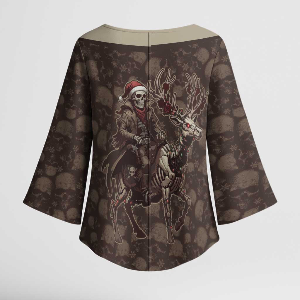 Western Yoke Kimono Sleeve Blouse Skeleton Cowboy Santa On A Reindeer - Wonder Print Shop