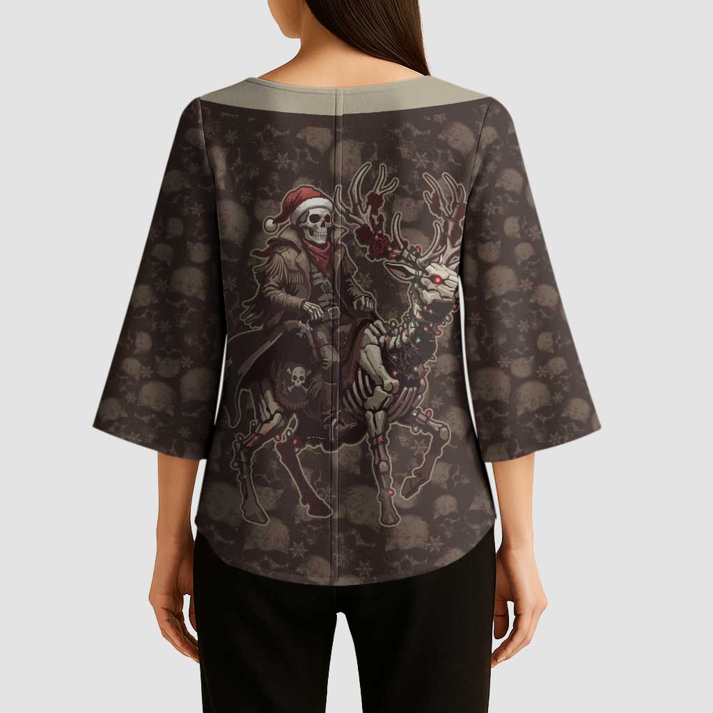 Western Yoke Kimono Sleeve Blouse Skeleton Cowboy Santa On A Reindeer - Wonder Print Shop