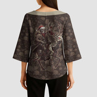Western Yoke Kimono Sleeve Blouse Skeleton Cowboy Santa On A Reindeer - Wonder Print Shop