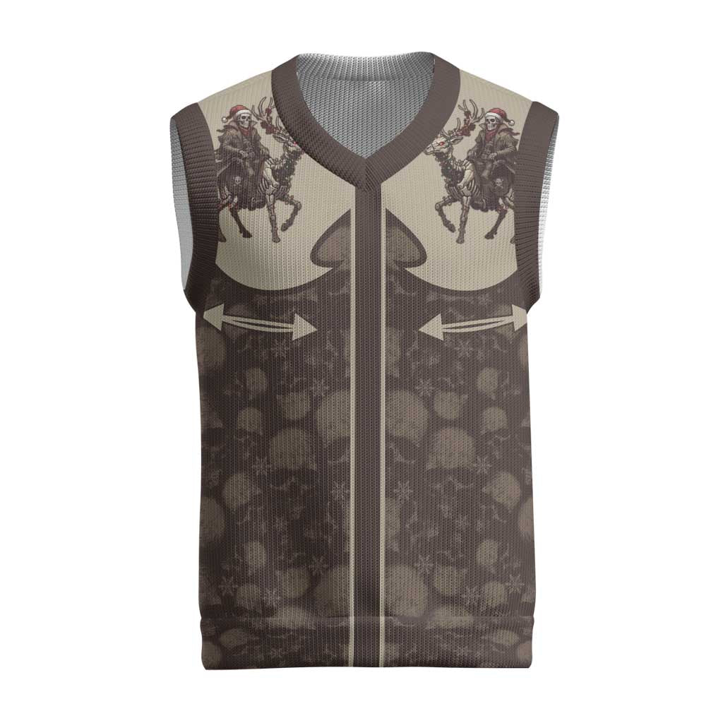 Western Yoke Christmas Knitted V-Neck Vest Skeleton Cowboy Santa On A Reindeer - Wonder Print Shop