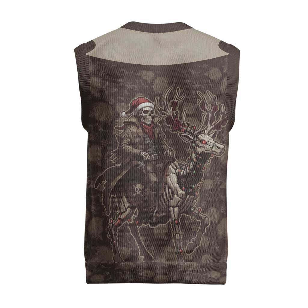 Western Yoke Christmas Knitted V-Neck Vest Skeleton Cowboy Santa On A Reindeer - Wonder Print Shop
