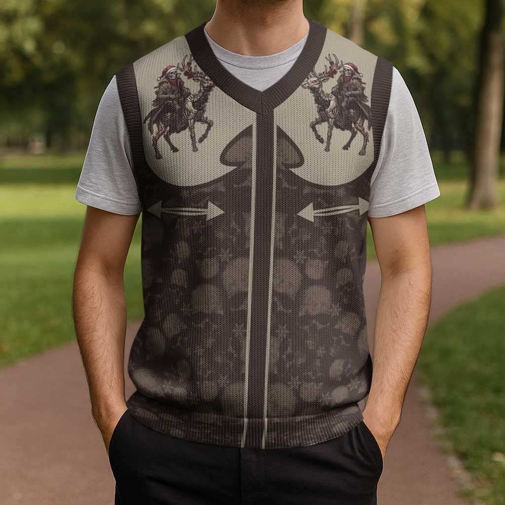 Western Yoke Christmas Knitted V-Neck Vest Skeleton Cowboy Santa On A Reindeer - Wonder Print Shop