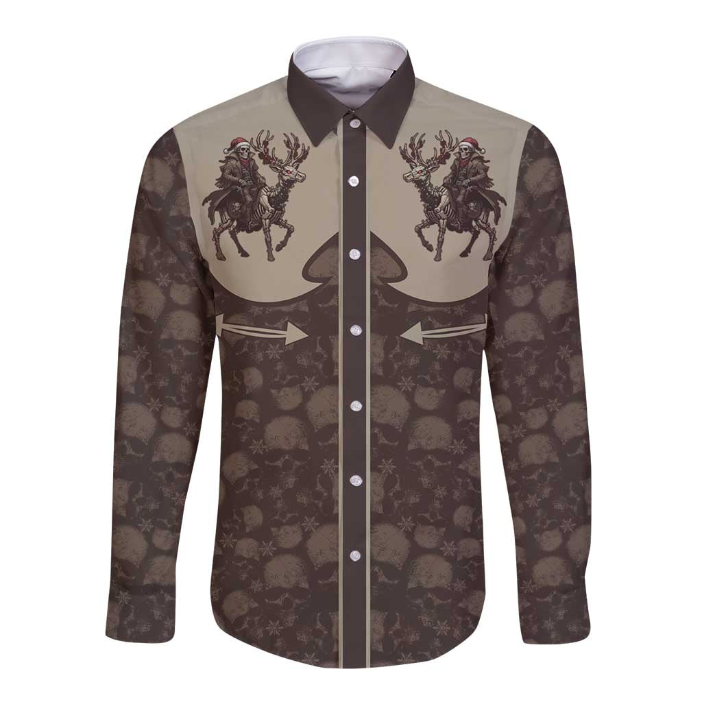 Western Yoke Long Sleeve Button Shirt Skeleton Cowboy Santa On A Reindeer - Wonder Print Shop
