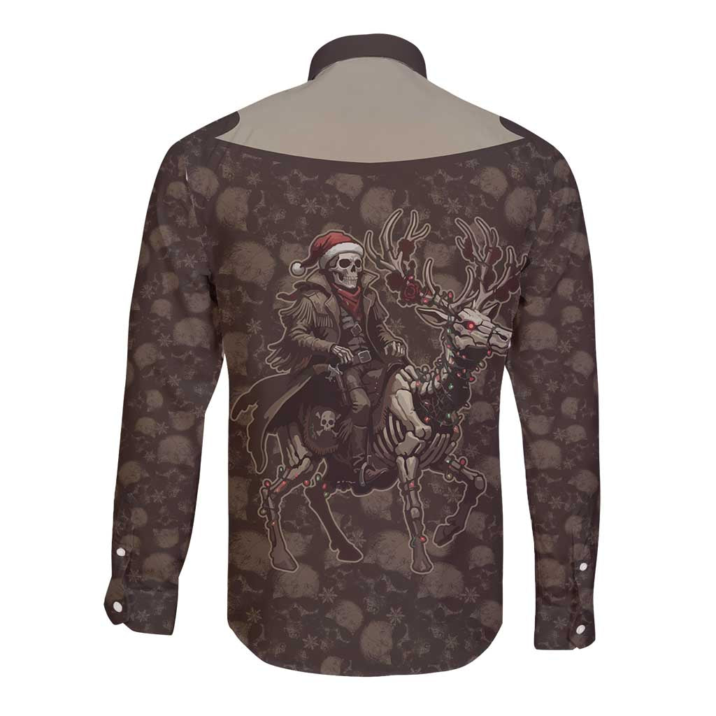 Western Yoke Long Sleeve Button Shirt Skeleton Cowboy Santa On A Reindeer - Wonder Print Shop