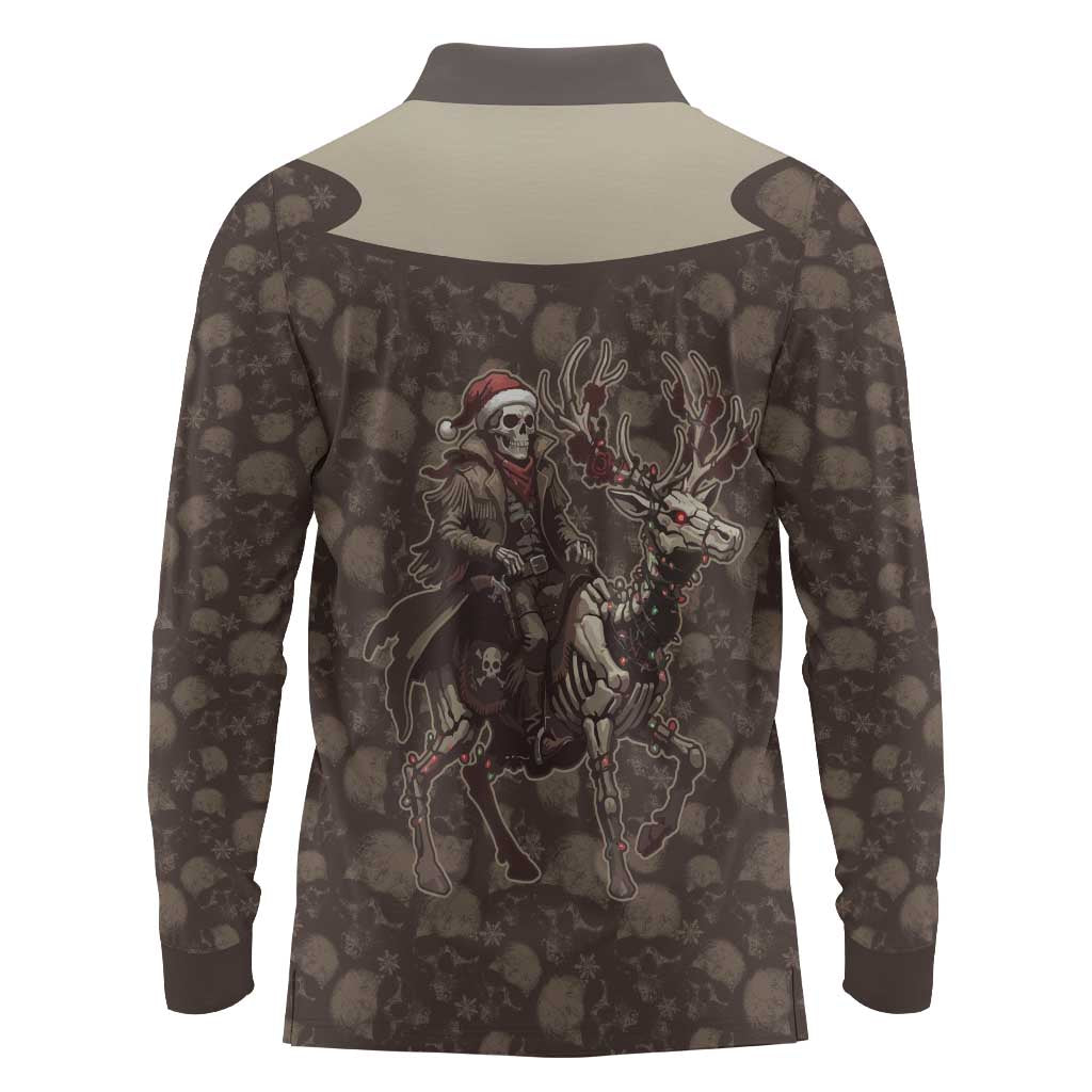 Western Yoke Long Sleeve Polo Shirt Skeleton Cowboy Santa On A Reindeer - Wonder Print Shop