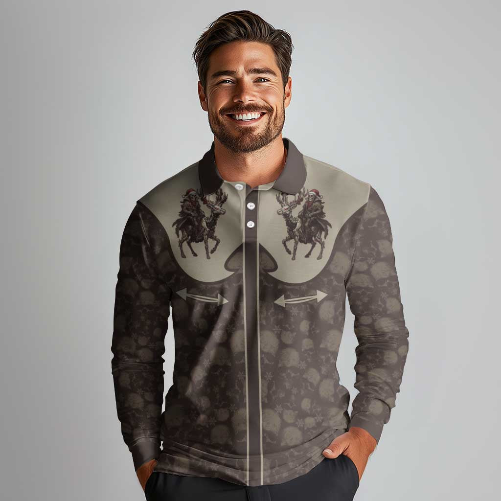 Western Yoke Long Sleeve Polo Shirt Skeleton Cowboy Santa On A Reindeer - Wonder Print Shop