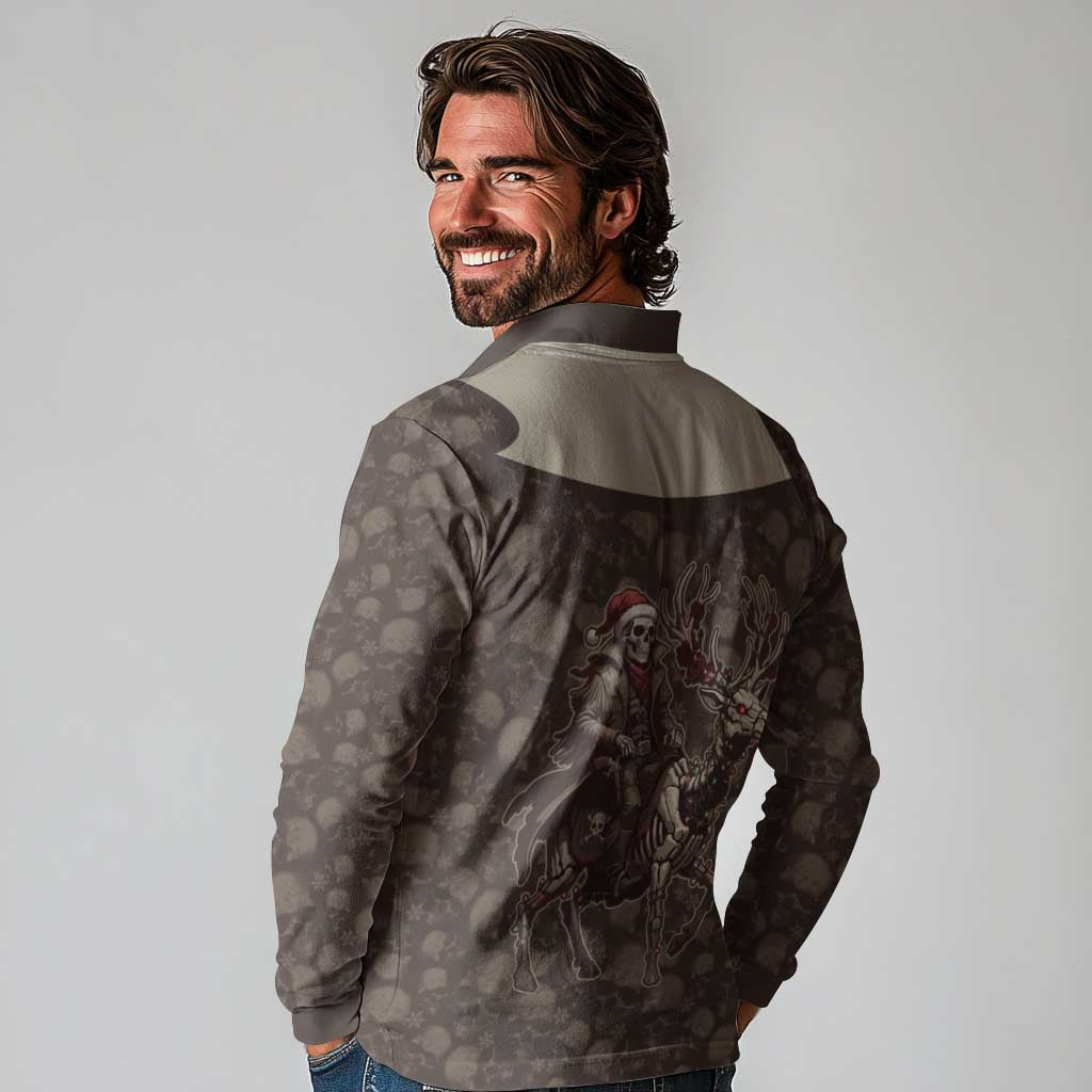 Western Yoke Long Sleeve Polo Shirt Skeleton Cowboy Santa On A Reindeer - Wonder Print Shop
