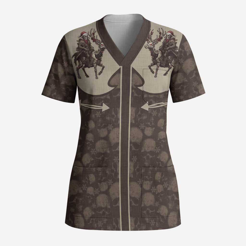 Western Yoke Scrub Top Skeleton Cowboy Santa On A Reindeer - Wonder Print Shop