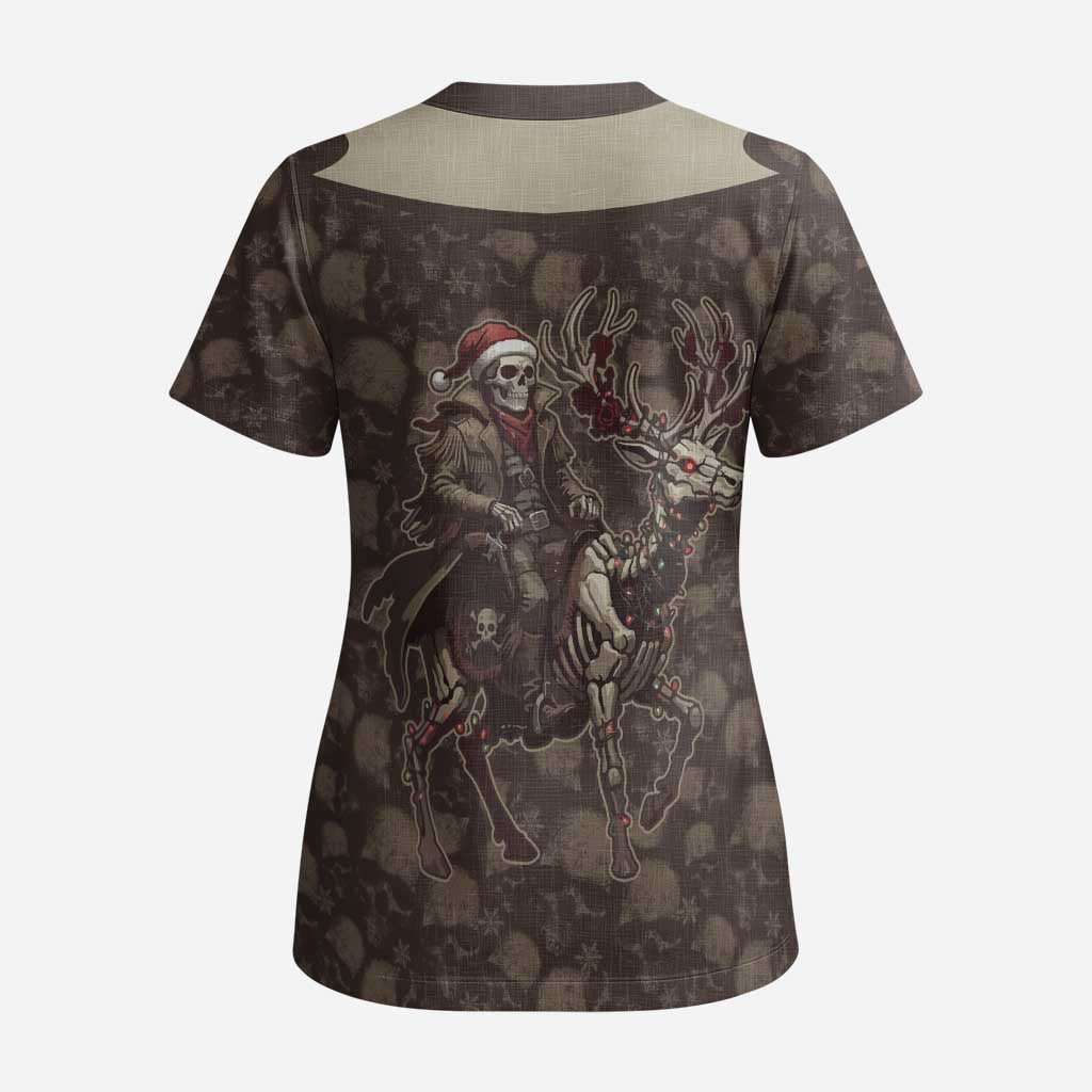 Western Yoke Scrub Top Skeleton Cowboy Santa On A Reindeer - Wonder Print Shop