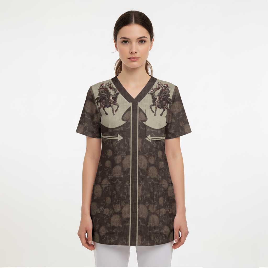 Western Yoke Scrub Top Skeleton Cowboy Santa On A Reindeer - Wonder Print Shop