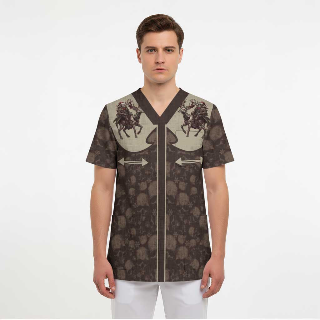 Western Yoke Scrub Top Skeleton Cowboy Santa On A Reindeer - Wonder Print Shop