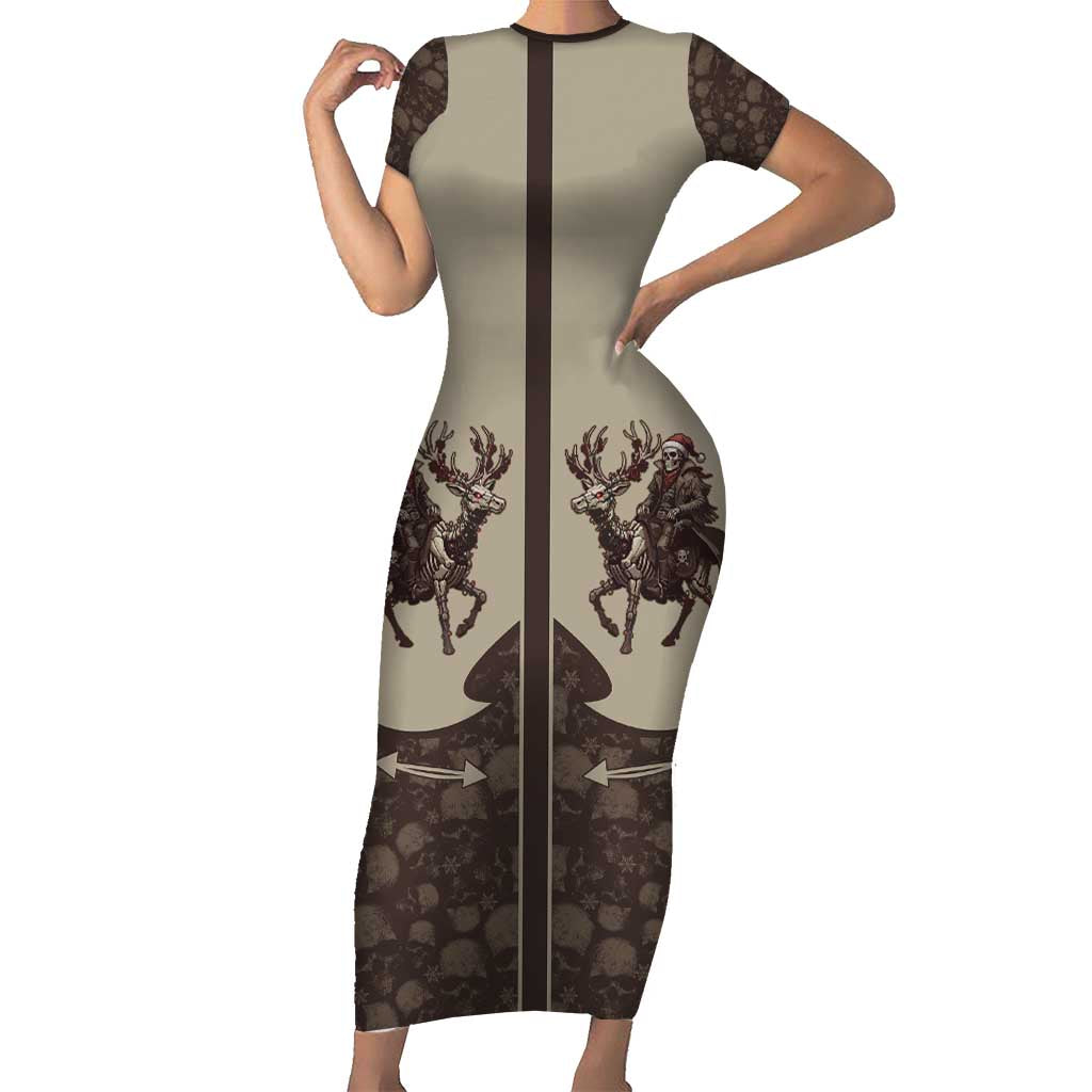 Western Yoke Short Sleeve Bodycon Dress Skeleton Cowboy Santa On A Reindeer - Wonder Print Shop