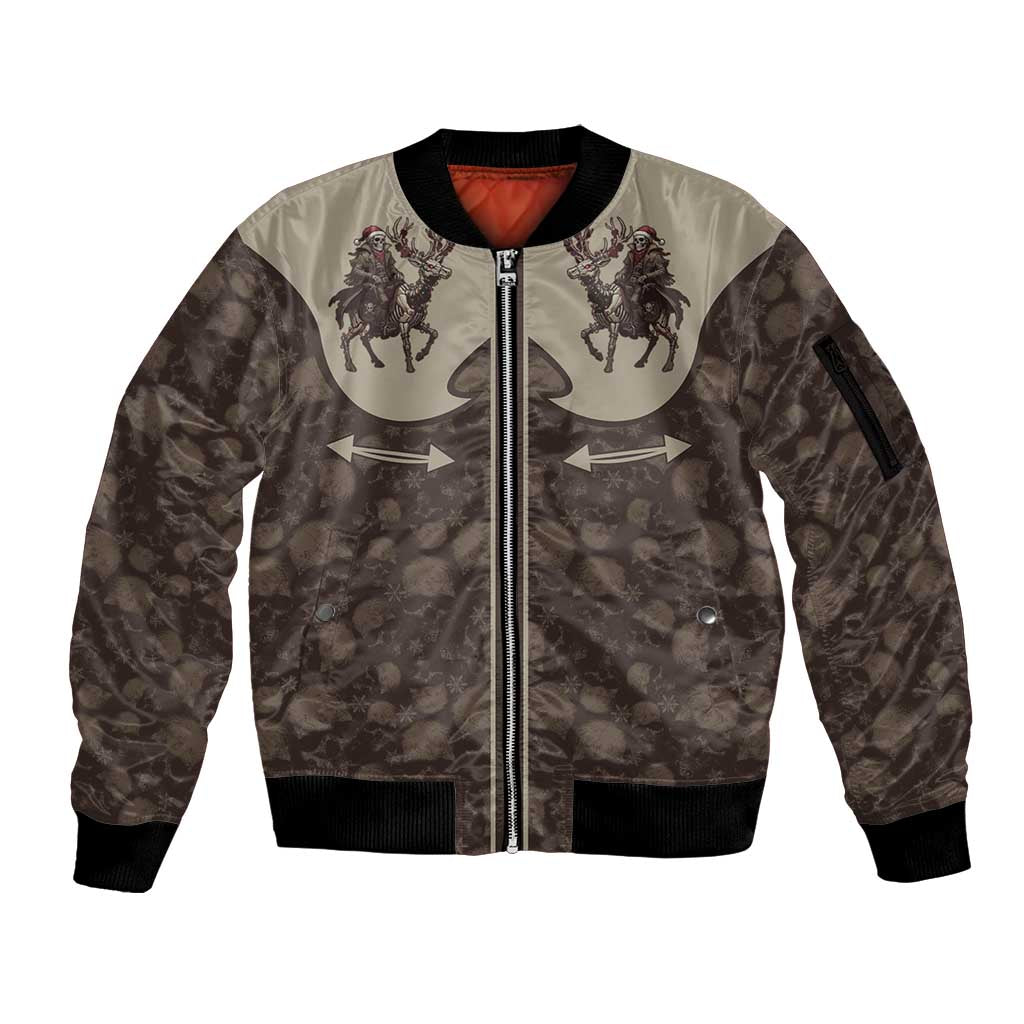 Western Yoke Sleeve Zip Bomber Jacket Skeleton Cowboy Santa On A Reindeer - Wonder Print Shop