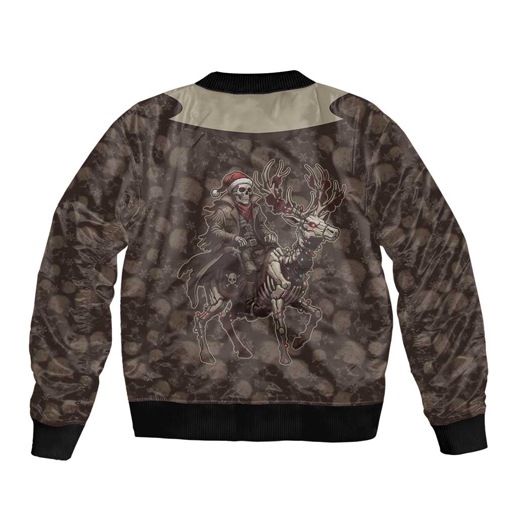 Western Yoke Sleeve Zip Bomber Jacket Skeleton Cowboy Santa On A Reindeer - Wonder Print Shop