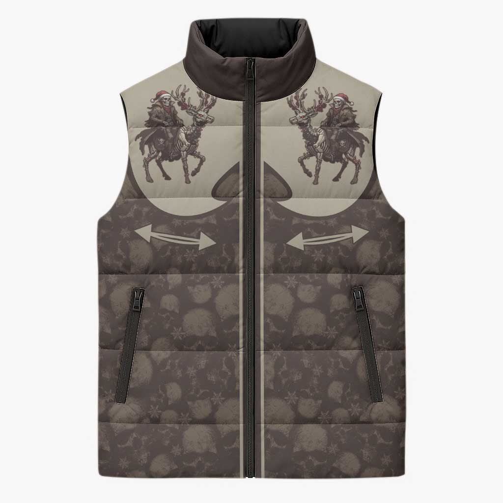 Western Yoke Sleeveless Puffer Jacket Skeleton Cowboy Santa On A Reindeer - Wonder Print Shop