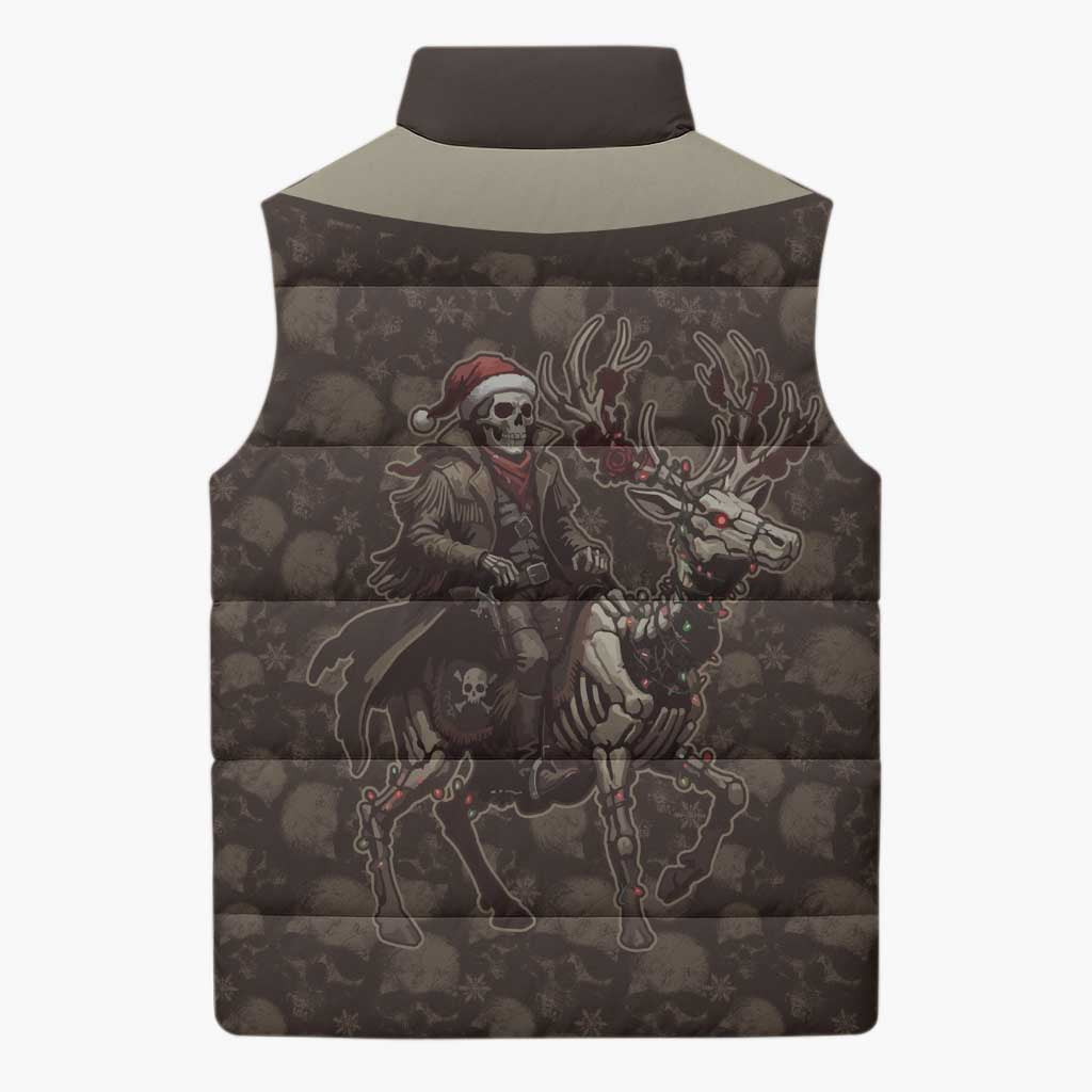 Western Yoke Sleeveless Puffer Jacket Skeleton Cowboy Santa On A Reindeer - Wonder Print Shop