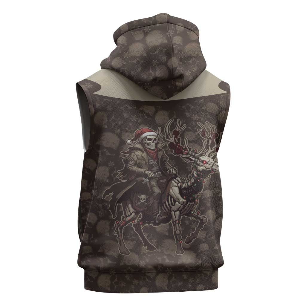 Western Yoke Sleeveless Zip Hoodie Skeleton Cowboy Santa On A Reindeer - Wonder Print Shop