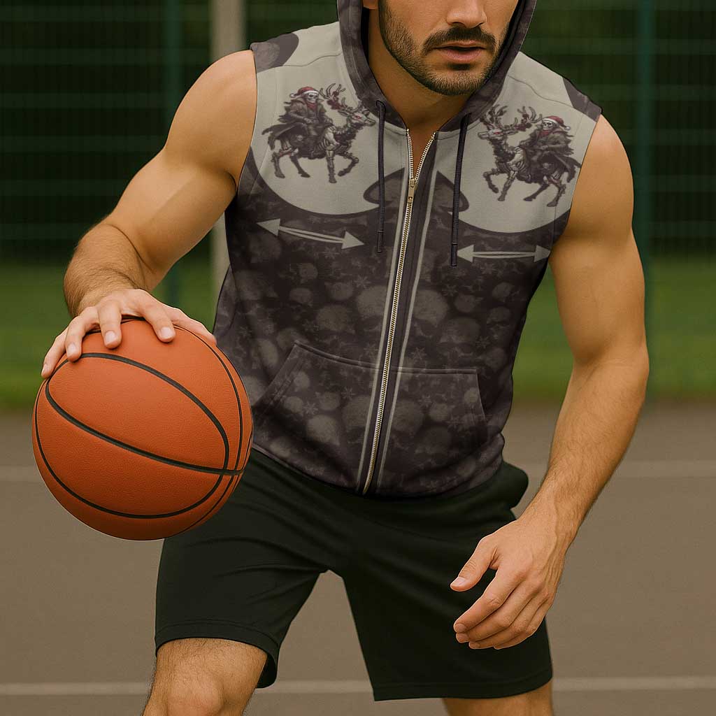 Western Yoke Sleeveless Zip Hoodie Skeleton Cowboy Santa On A Reindeer - Wonder Print Shop