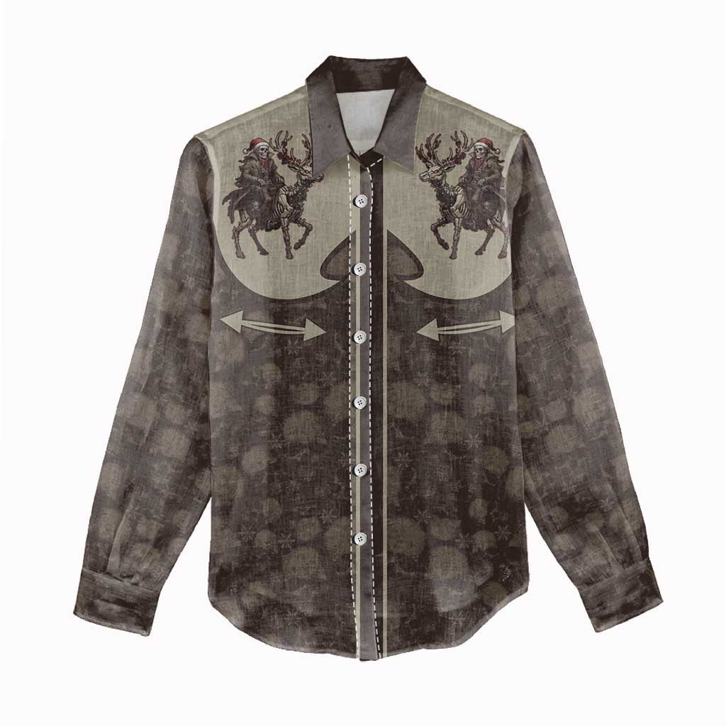 Western Yoke Women Casual Shirt Skeleton Cowboy Santa On A Reindeer - Wonder Print Shop