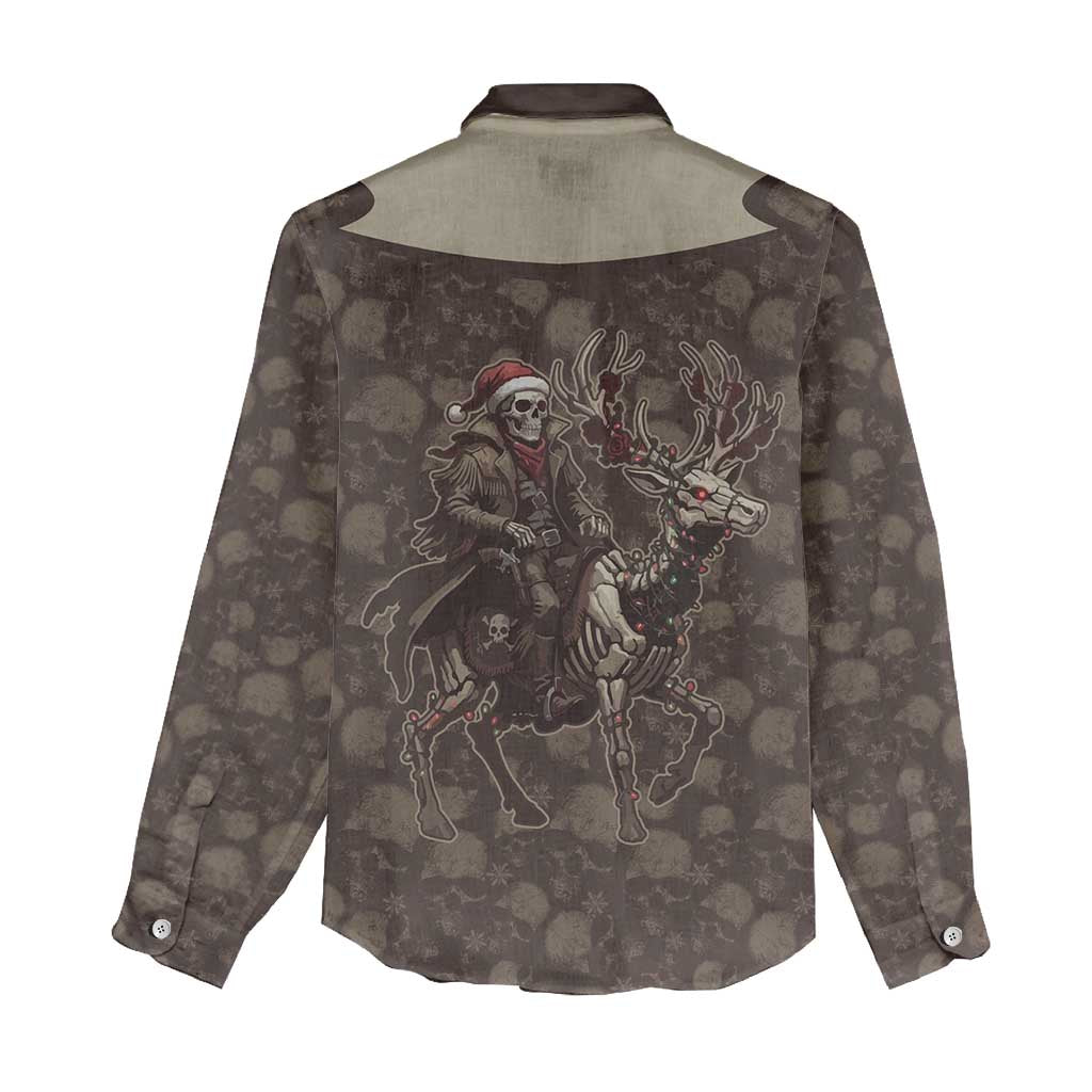 Western Yoke Women Casual Shirt Skeleton Cowboy Santa On A Reindeer - Wonder Print Shop