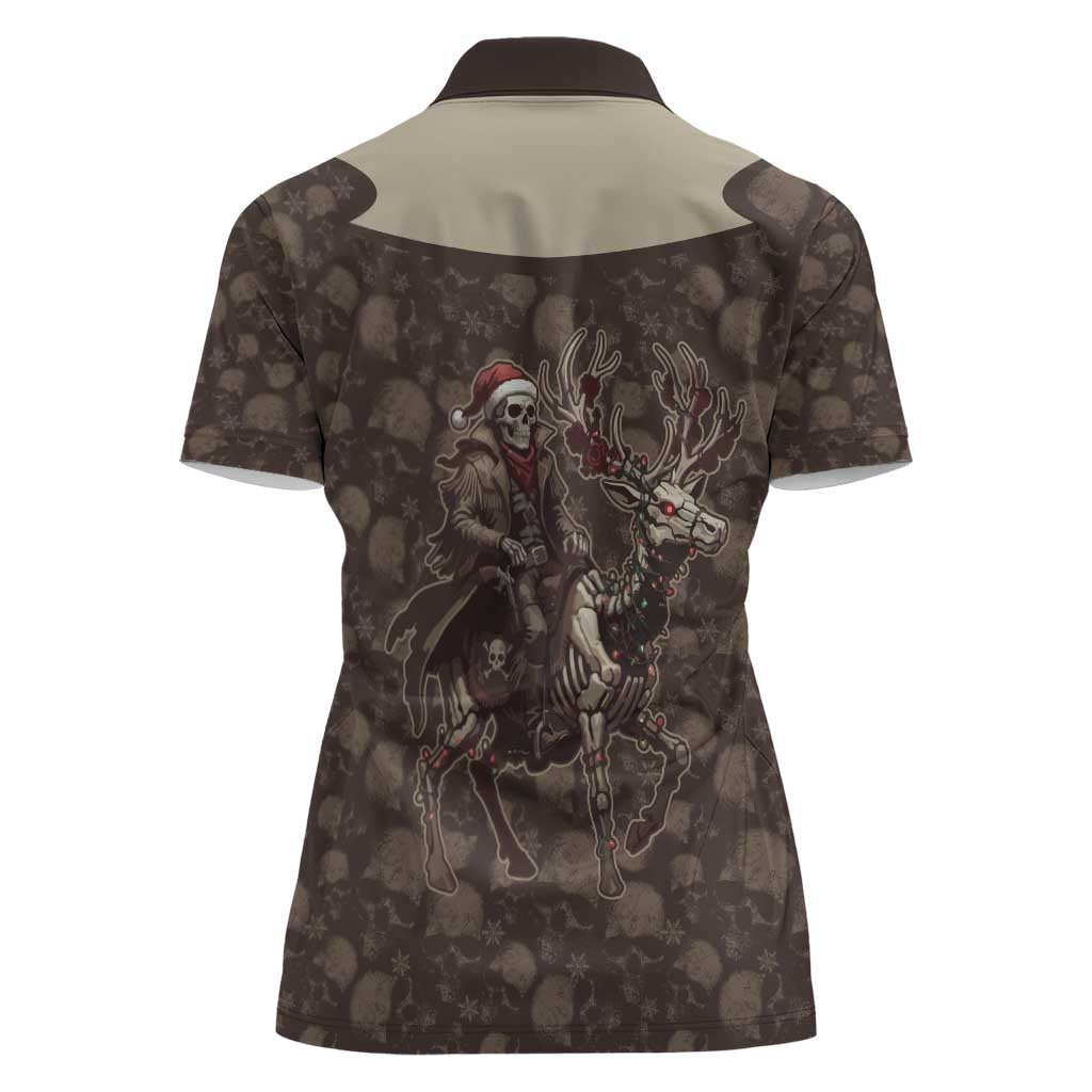 Western Yoke Women Polo Shirt Skeleton Cowboy Santa On A Reindeer - Wonder Print Shop