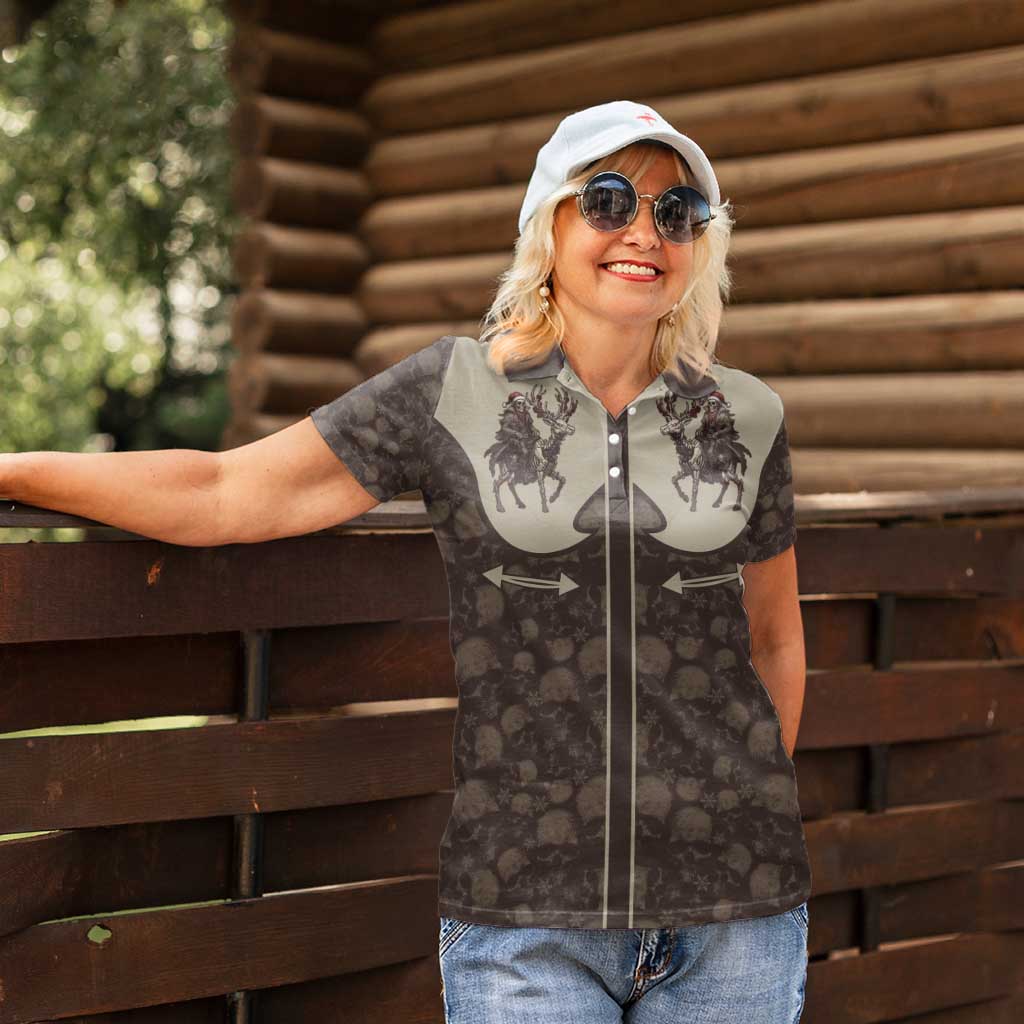 Western Yoke Women Polo Shirt Skeleton Cowboy Santa On A Reindeer - Wonder Print Shop