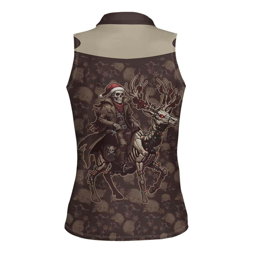 Western Yoke Women Sleeveless Polo Shirt Skeleton Cowboy Santa On A Reindeer - Wonder Print Shop