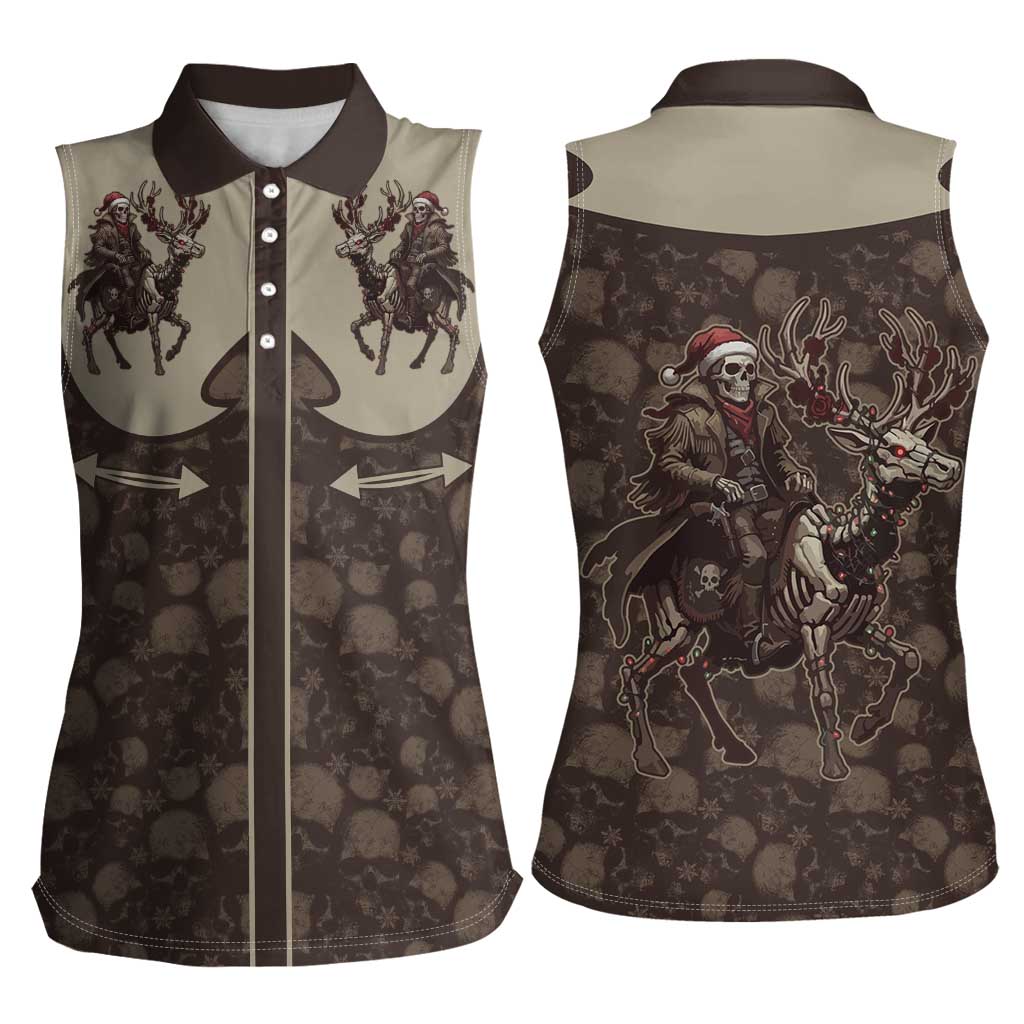 Western Yoke Women Sleeveless Polo Shirt Skeleton Cowboy Santa On A Reindeer - Wonder Print Shop
