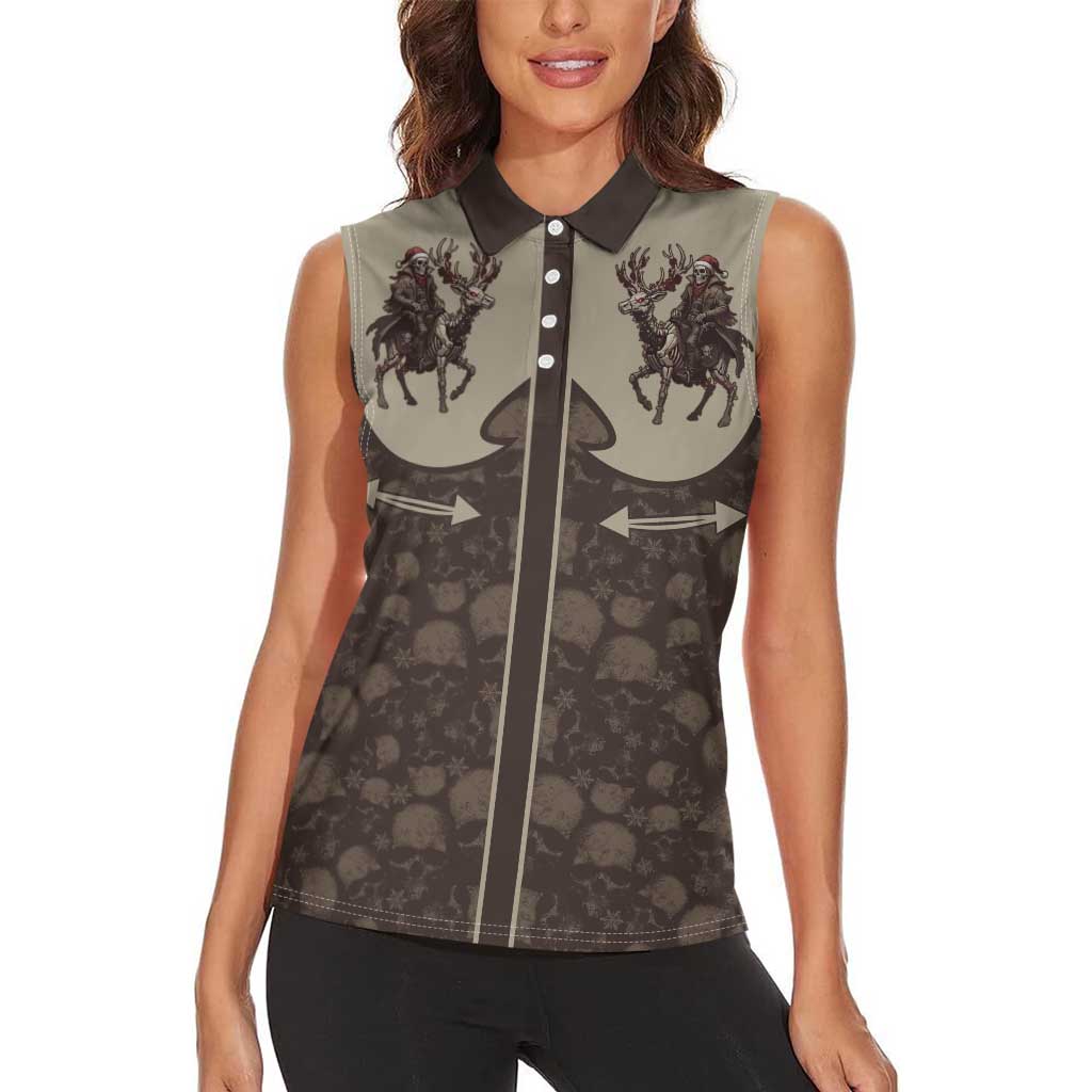 Western Yoke Women Sleeveless Polo Shirt Skeleton Cowboy Santa On A Reindeer - Wonder Print Shop