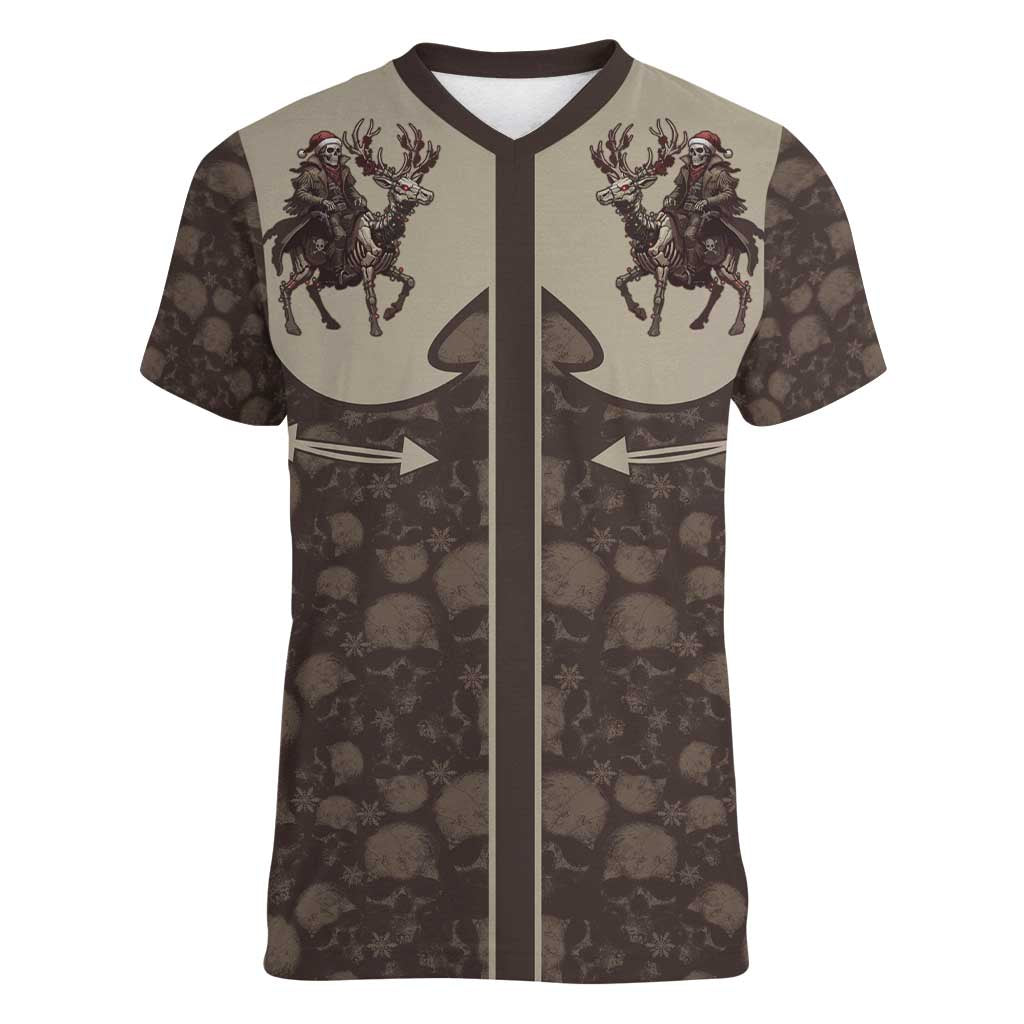 Western Yoke Women V-Neck T-Shirt Skeleton Cowboy Santa On A Reindeer - Wonder Print Shop