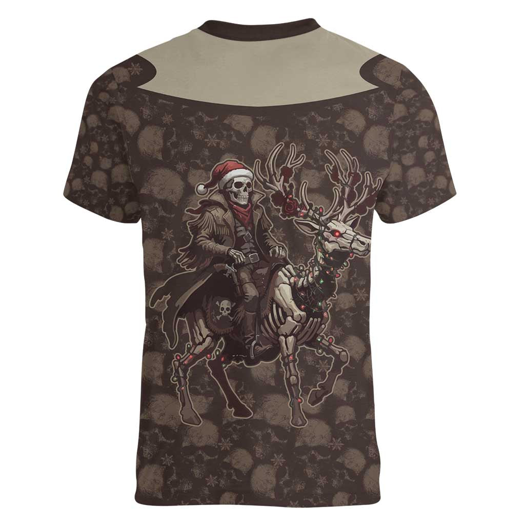 Western Yoke Women V-Neck T-Shirt Skeleton Cowboy Santa On A Reindeer - Wonder Print Shop
