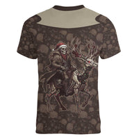 Western Yoke Women V-Neck T-Shirt Skeleton Cowboy Santa On A Reindeer - Wonder Print Shop