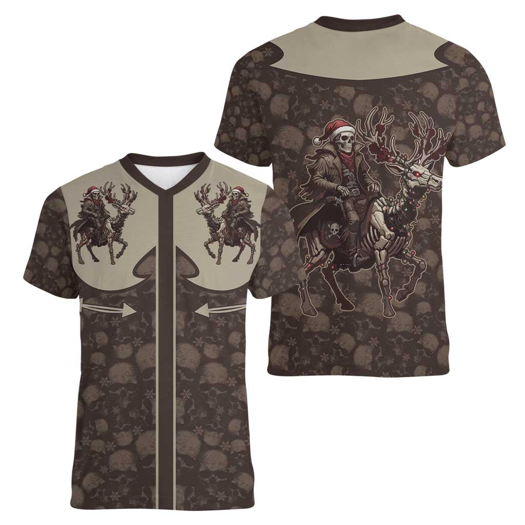 Western Yoke Women V-Neck T-Shirt Skeleton Cowboy Santa On A Reindeer - Wonder Print Shop