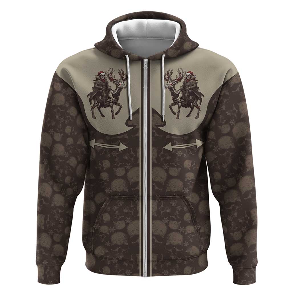 Western Yoke Zip Hoodie Skeleton Cowboy Santa On A Reindeer - Wonder Print Shop