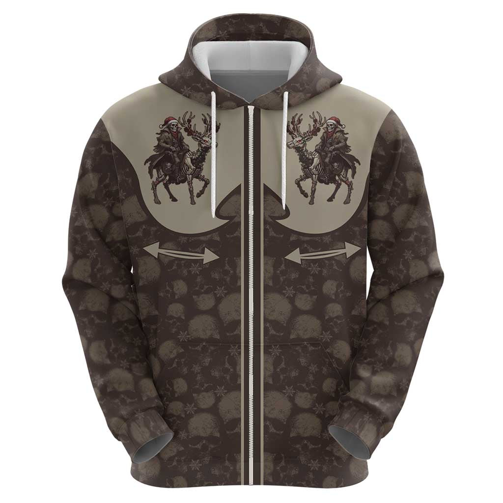 Western Yoke Zip Hoodie Skeleton Cowboy Santa On A Reindeer - Wonder Print Shop