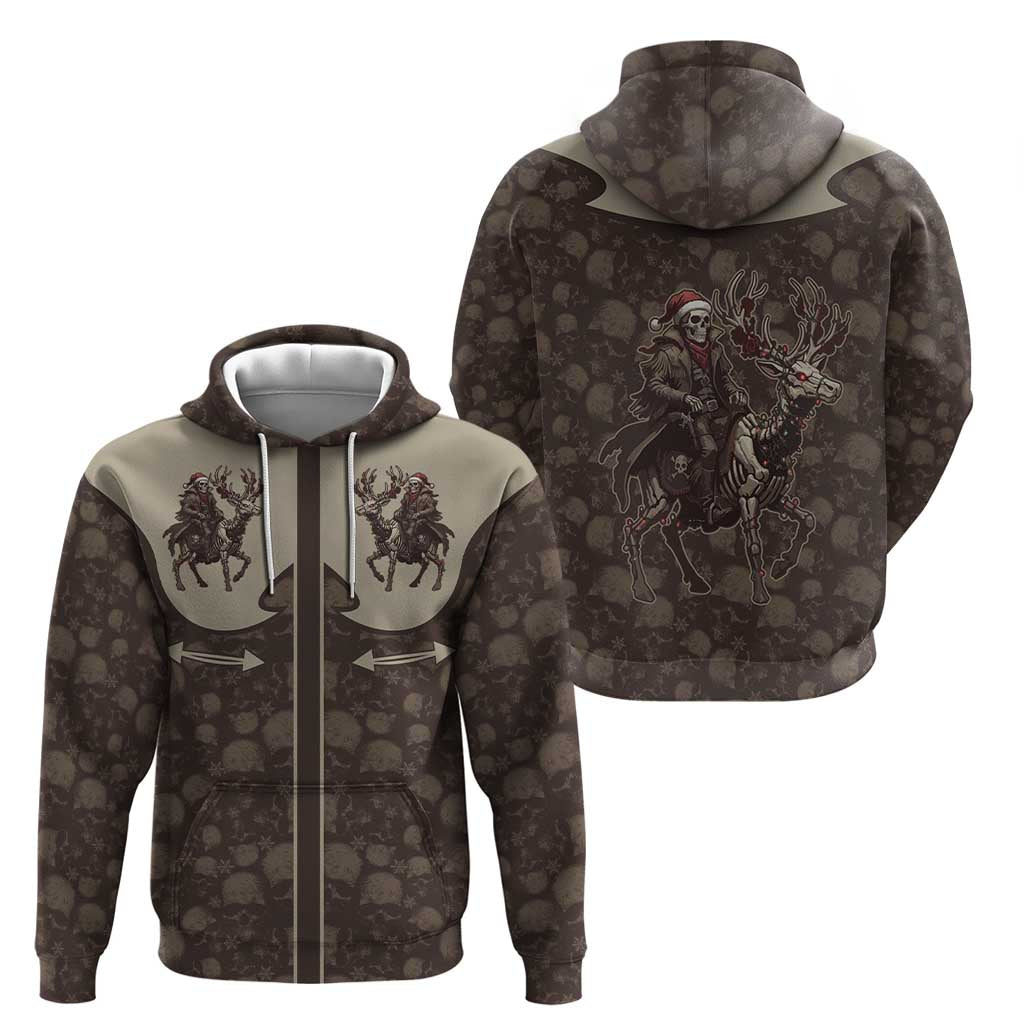 Western Yoke Zip Hoodie Skeleton Cowboy Santa On A Reindeer - Wonder Print Shop
