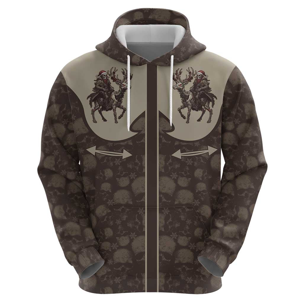 Western Yoke Zip Hoodie Skeleton Cowboy Santa On A Reindeer - Wonder Print Shop