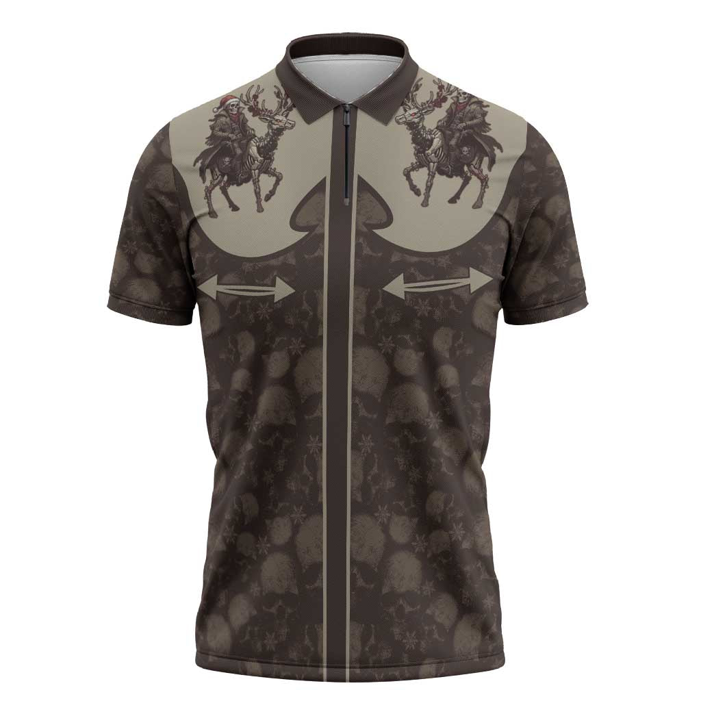 Western Yoke Zipper Polo Shirt Skeleton Cowboy Santa On A Reindeer - Wonder Print Shop