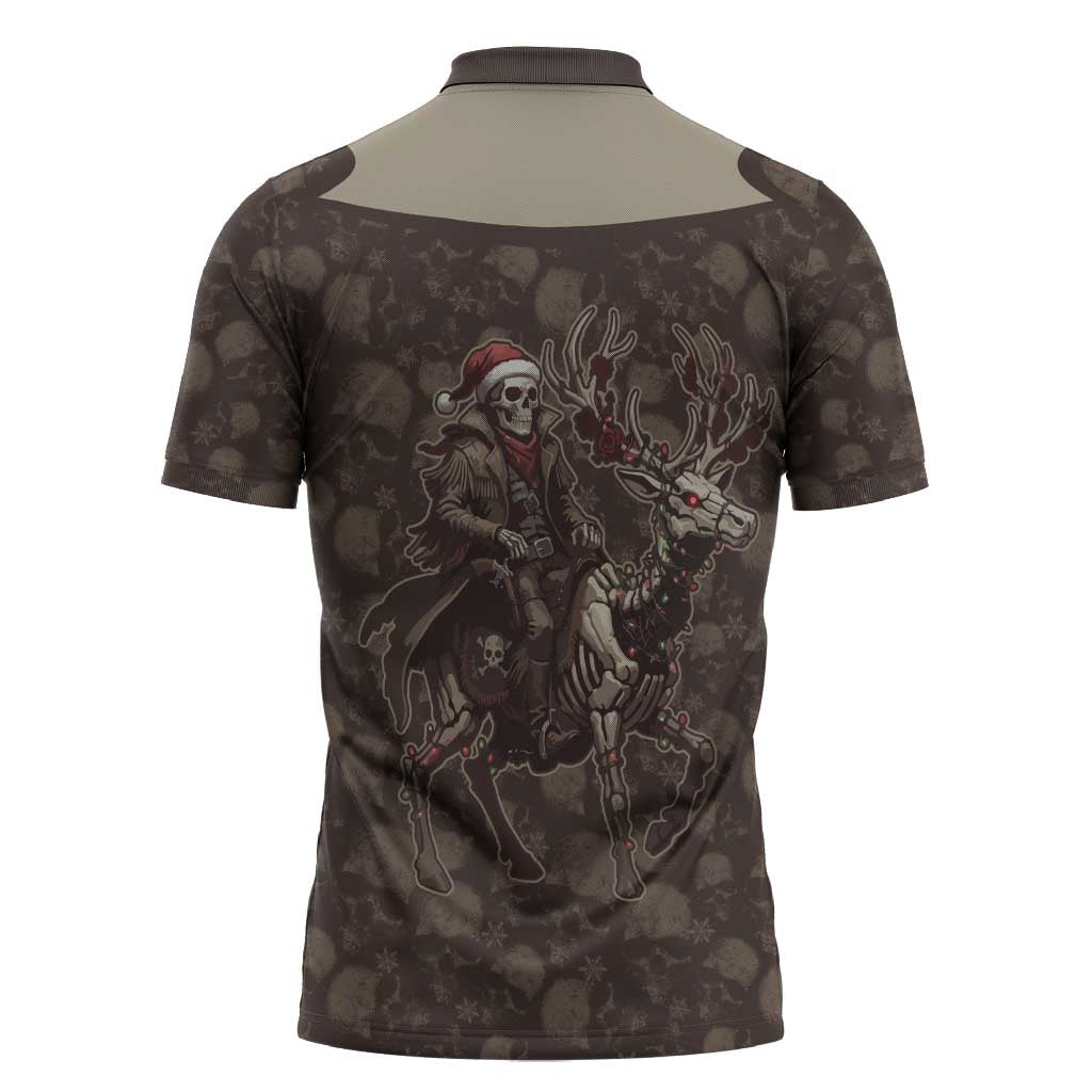 Western Yoke Zipper Polo Shirt Skeleton Cowboy Santa On A Reindeer - Wonder Print Shop