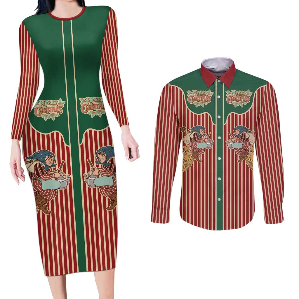 Western Yoke Couples Matching Long Sleeve Bodycon Dress and Long Sleeve Button Shirt Befana Merry Christmas Retro Style - Wonder Print Shop
