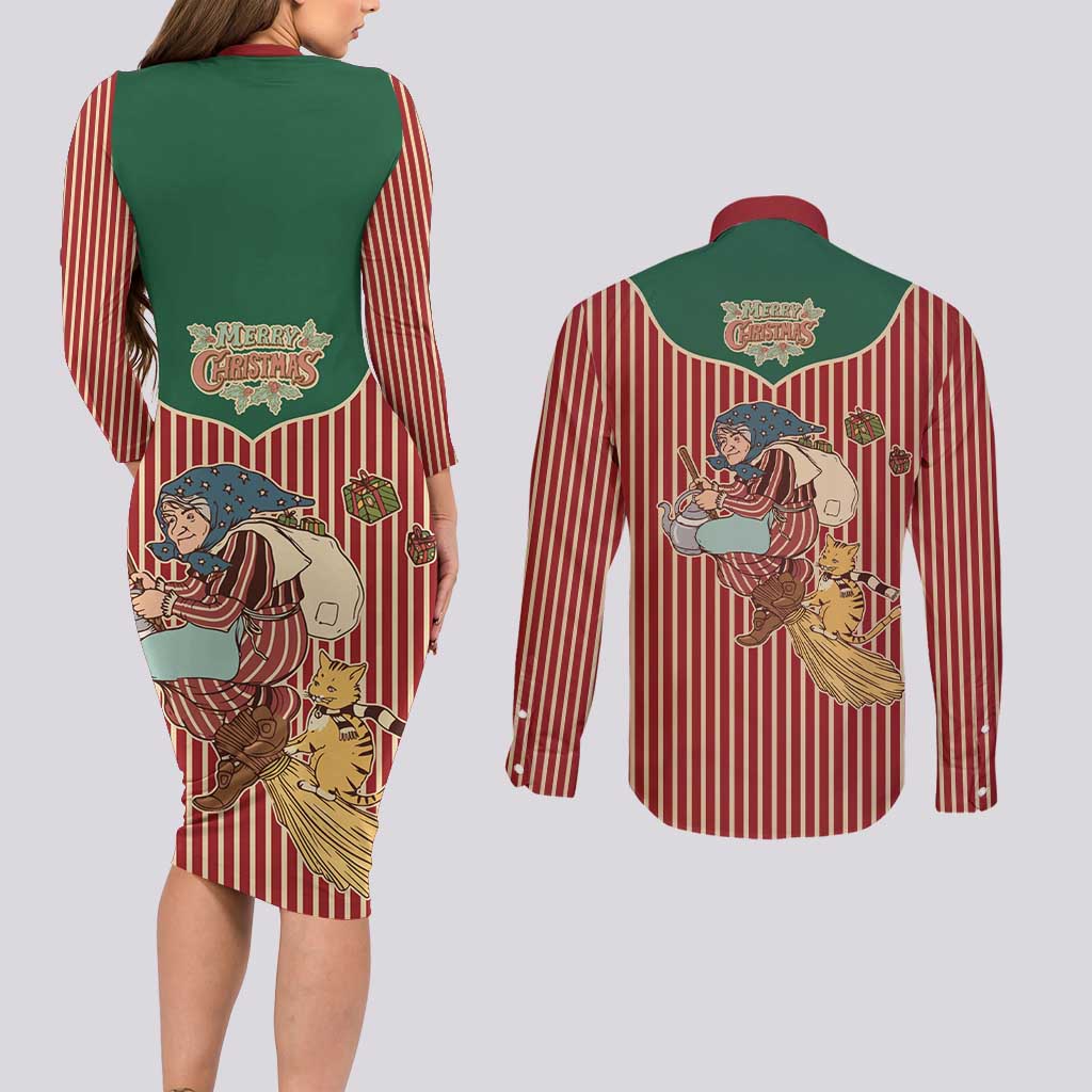 Western Yoke Couples Matching Long Sleeve Bodycon Dress and Long Sleeve Button Shirt Befana Merry Christmas Retro Style - Wonder Print Shop