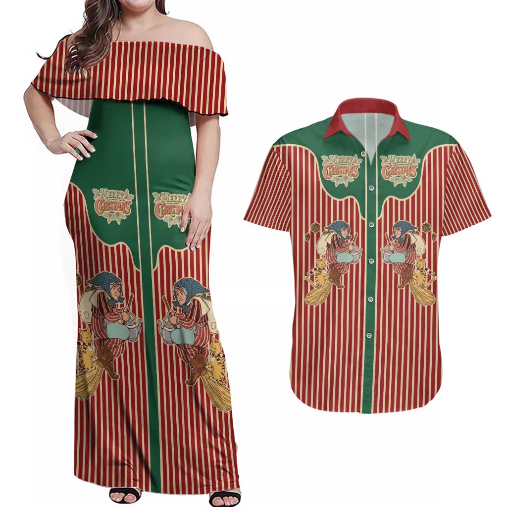 Western Yoke Couples Matching Off Shoulder Maxi Dress and Hawaiian Shirt Befana Merry Christmas Retro Style - Wonder Print Shop