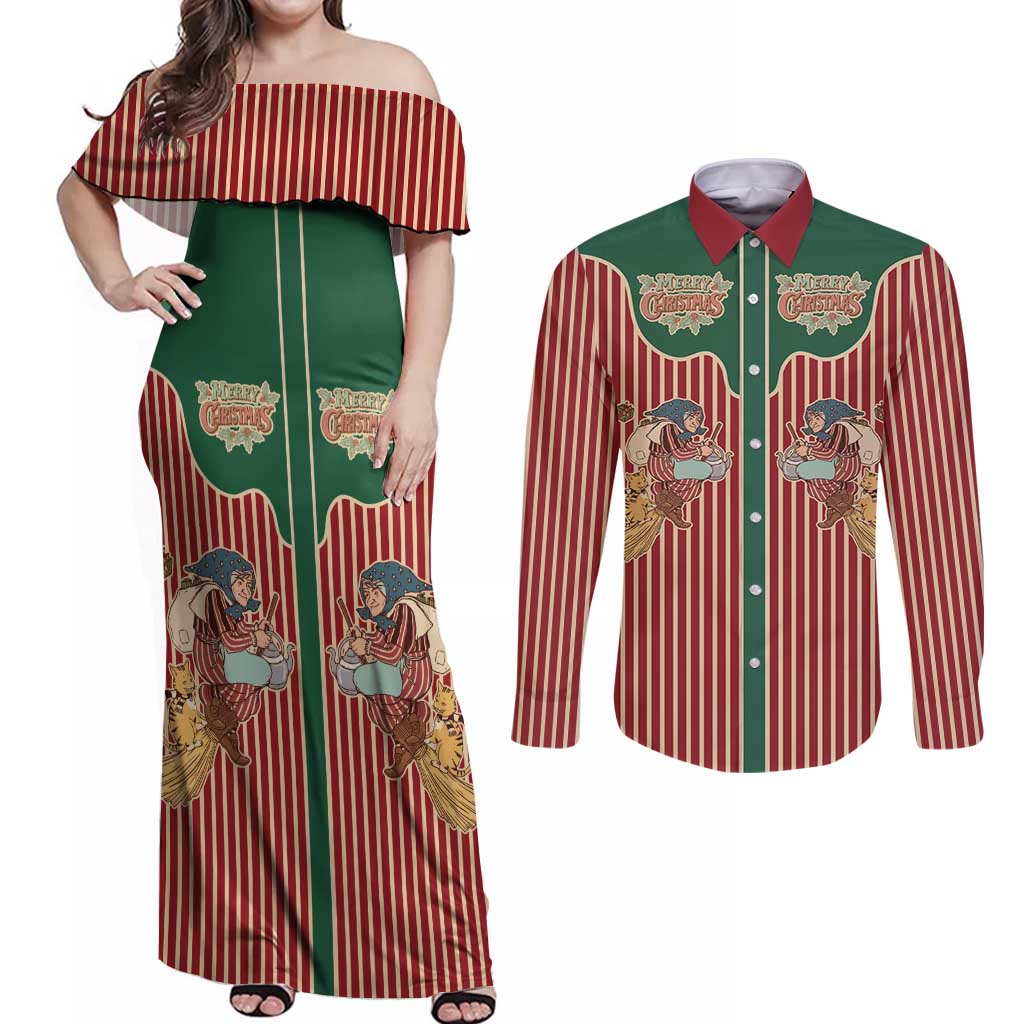 Western Yoke Couples Matching Off Shoulder Maxi Dress and Long Sleeve Button Shirt Befana Merry Christmas Retro Style - Wonder Print Shop