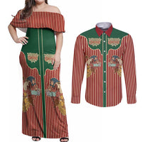 Western Yoke Couples Matching Off Shoulder Maxi Dress and Long Sleeve Button Shirt Befana Merry Christmas Retro Style - Wonder Print Shop