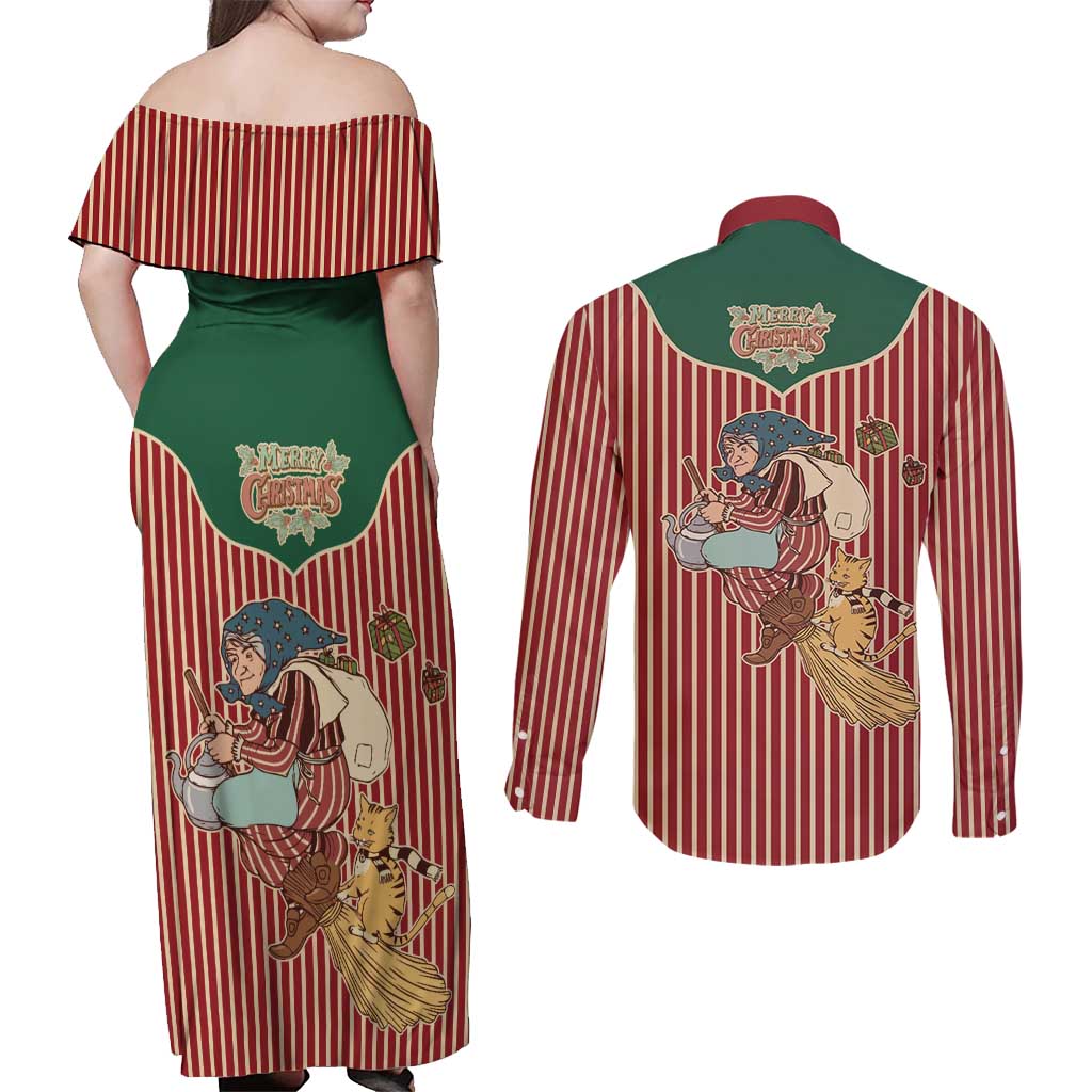 Western Yoke Couples Matching Off Shoulder Maxi Dress and Long Sleeve Button Shirt Befana Merry Christmas Retro Style - Wonder Print Shop
