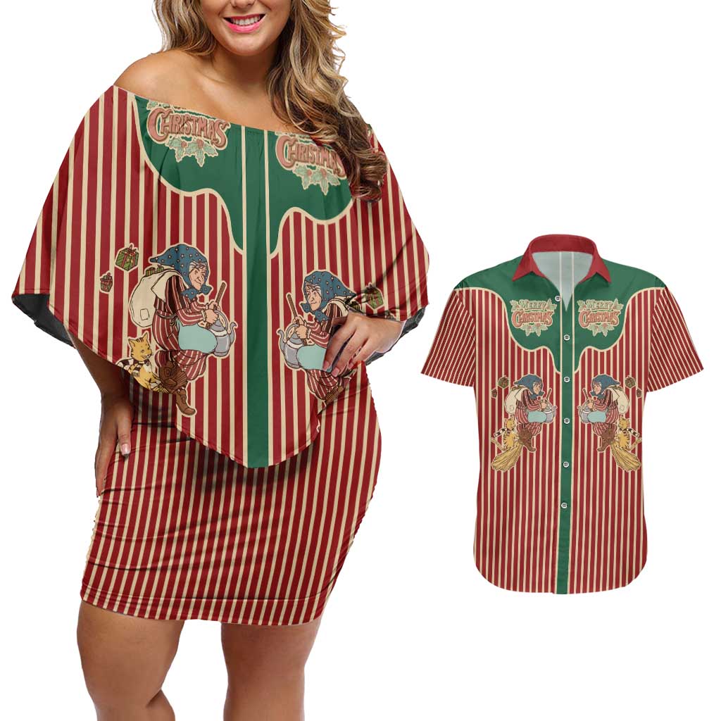 Western Yoke Couples Matching Off Shoulder Short Dress and Hawaiian Shirt Befana Merry Christmas Retro Style - Wonder Print Shop