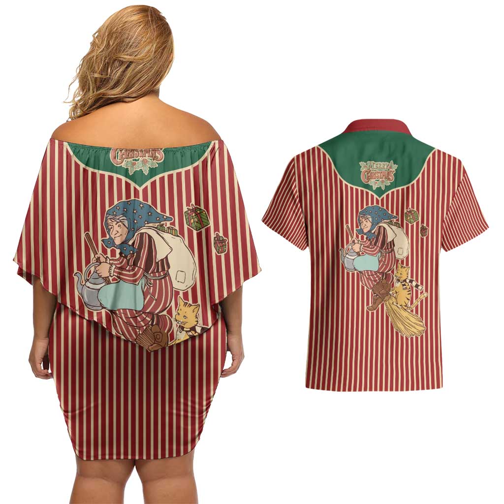 Western Yoke Couples Matching Off Shoulder Short Dress and Hawaiian Shirt Befana Merry Christmas Retro Style - Wonder Print Shop